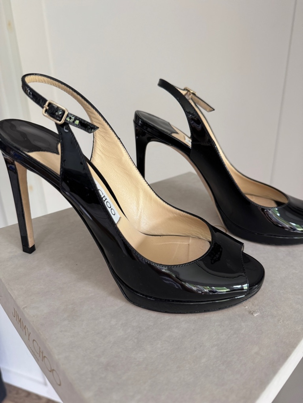 Jimmy Choo Black Patent Leather Peep-Toe Slingback Heels